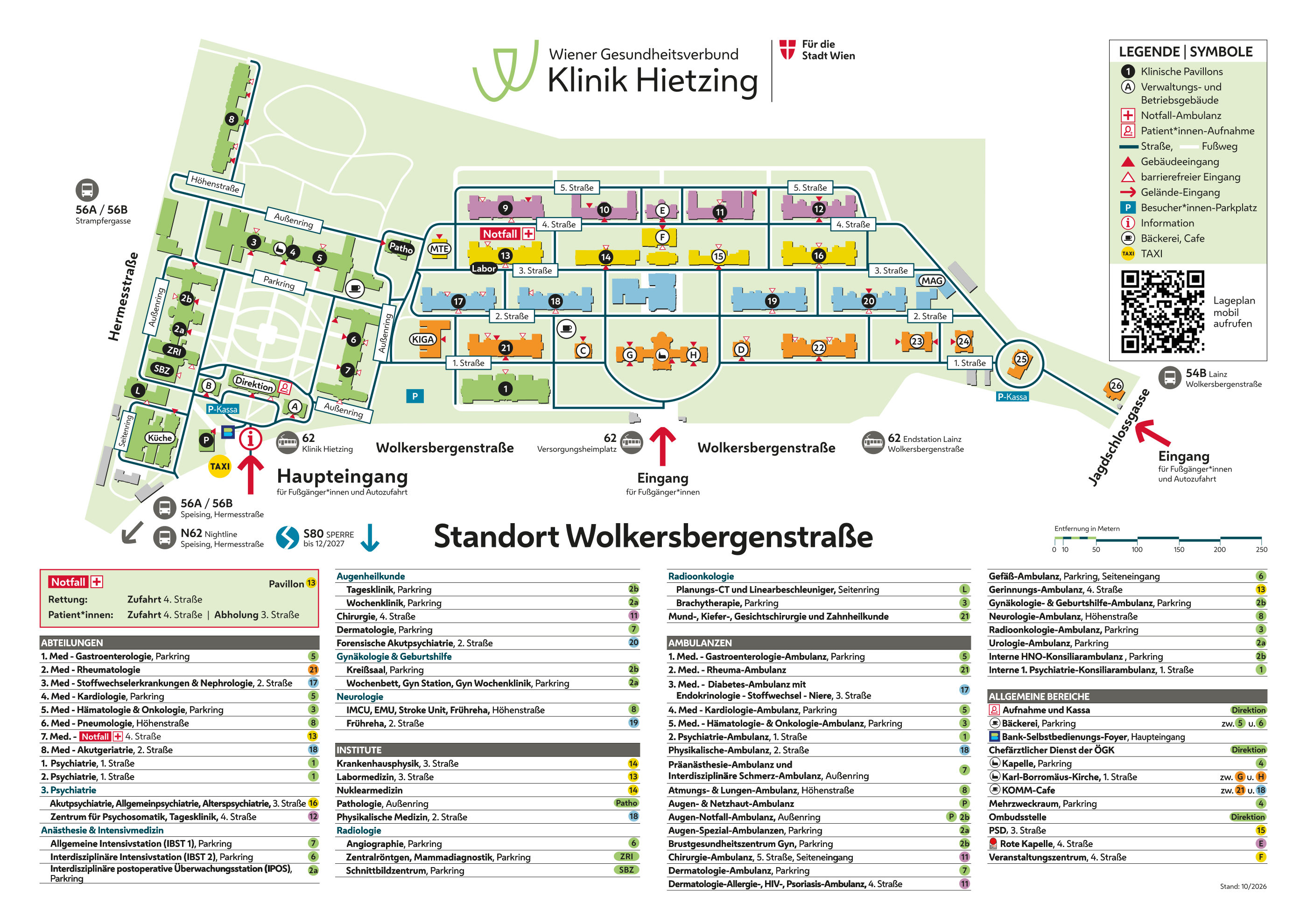 Lageplan mit Markierungen der Eingänge und allgemeinen Bereiche sowie Auflistung der Abteilungen, Institute und Ambulanzen